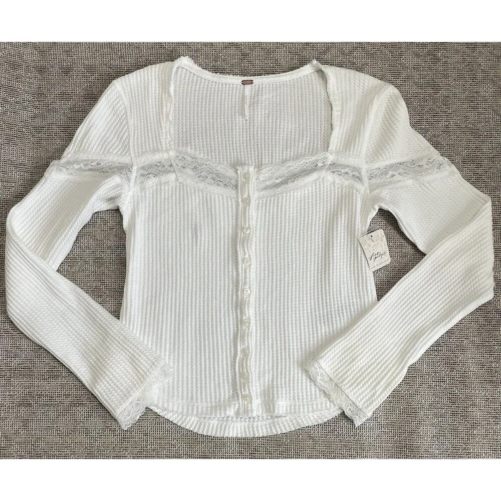 NWT Free People Women’s M Ivory Waffle Knit Lace Button Front Top Boho Coastal